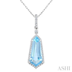 16X7 MM Shield Shape Blue Topaz and 1/5 Ctw Round Cut Diamond Semi-Precious Pendant With Chain in 10K White Gold
