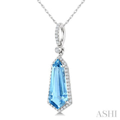 16X7 MM Shield Shape Blue Topaz and 1/5 Ctw Round Cut Diamond Semi-Precious Pendant With Chain in 10K White Gold