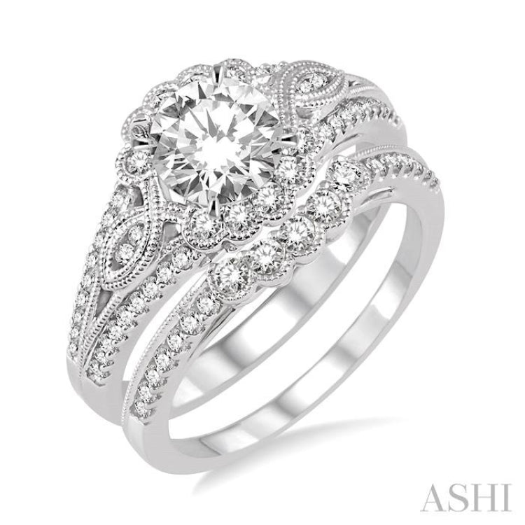 1 1/2 Ctw Diamond Wedding Set with 1 1/6 Ctw Round Cut Engagement Ring and 1/3 Ctw Wedding Band in 14K White Gold