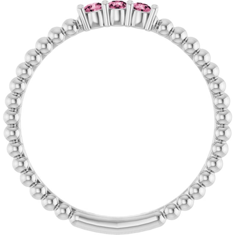 14K White Gold Natural Pink Tourmaline Beaded Ring
