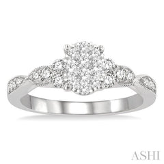 1/2 Ctw Oval Shape Center Criss Cross Carved Shank Lovebright Round Cut Diamond Engagement Ring in 14K White Gold