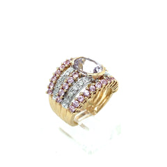 14k Yellow Gold Wide Pink/Quatz Diamond Ring Size 5