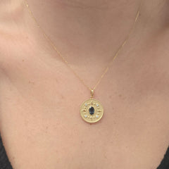 14k Yellow Gold Round Pendant with Sapphire and Diamonds