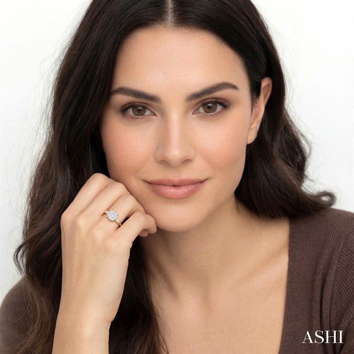 3/4 Ctw Round and Baguette Diamond Lovebright Engagement Ring in 14K Yellow and White gold
