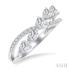 7/8 Ctw Split Criss Cross Pear and Round Cut Diamond Fashion Ring in 14K White Gold