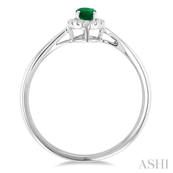 5x3 MM Oval Shape Emerald and 1/20 Ctw Round Cut Diamond Halo Precious Ring in 10K White Gold