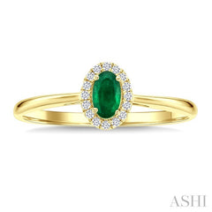 5x3 MM Oval Shape Emerald and 1/20 Ctw Round Cut Diamond Halo Precious Ring in 10K Yellow Gold