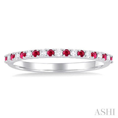1.35 MM Round Shape Ruby and 1/10 Ctw Petite Round Cut Diamond Precious Stack Band in 10K White Gold