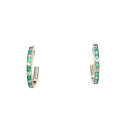 14k White Gold Diamond And Emerald Hoops