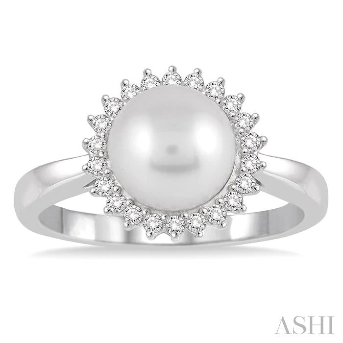 8X8 MM Round Shape Cultured Pearl and 1/5 Ctw Round Cut Diamond Ring in 14K White Gold