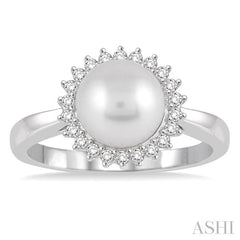 8X8 MM Round Shape Cultured Pearl and 1/5 Ctw Round Cut Diamond Ring in 14K White Gold