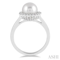 8X8 MM Round Shape Cultured Pearl and 1/5 Ctw Round Cut Diamond Ring in 14K White Gold