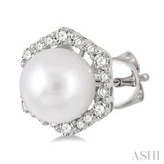 7 MM Cultured Pearls and 1/3 Ctw Hexagon Shape Round Cut Diamond Earrings in 14K White Gold