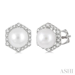 7 MM Cultured Pearls and 1/3 Ctw Hexagon Shape Round Cut Diamond Earrings in 14K White Gold