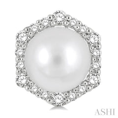 7 MM Cultured Pearls and 1/3 Ctw Hexagon Shape Round Cut Diamond Earrings in 14K White Gold
