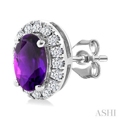 5x3 MM Oval Shape Amethyst and 1/8 Ctw Round Cut Diamond Halo Semi-Precious Stud Earrings in 14K White Gold