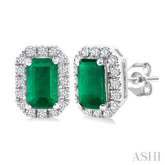 5x3 MM Octagonal Shape Emerald and 1/8 Ctw Round Cut Diamond Halo Precious Stud Earrings in 14K White Gold