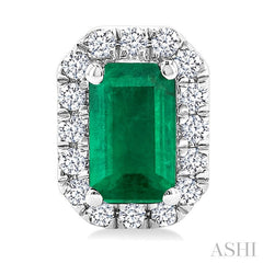 5x3 MM Octagonal Shape Emerald and 1/8 Ctw Round Cut Diamond Halo Precious Stud Earrings in 14K White Gold