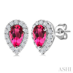 5x3 MM Pear Shape Pink Tourmaline and 1/8 Ctw Round Cut Diamond Halo Semi-Precious Stud Earrings in 10K White Gold