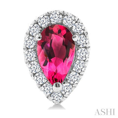 5x3 MM Pear Shape Pink Tourmaline and 1/8 Ctw Round Cut Diamond Halo Semi-Precious Stud Earrings in 10K White Gold