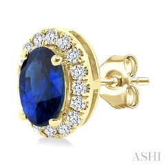5x3 MM Oval Shape Sapphire and 1/8 Ctw Round Cut Diamond Halo Precious Stud Earrings in 10K Yellow Gold