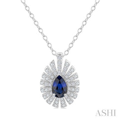 6X4 MM Pear Cut Sapphire and 1/3 Ctw Starburst Round Cut Diamond Precious Pendant With Chain in 14K White Gold