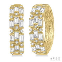 1 5/8 Ctw Triple Row Baguette and Round Cut Diamond Fashion Hoop Earrings in 14K Yellow Gold
