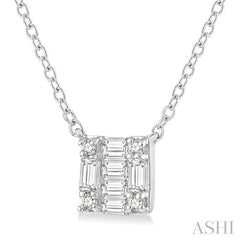 1/8 Ctw Square Shape Baguette and Round Cut Diamond Petite Fashion Pendant With Chain in 14K White Gold