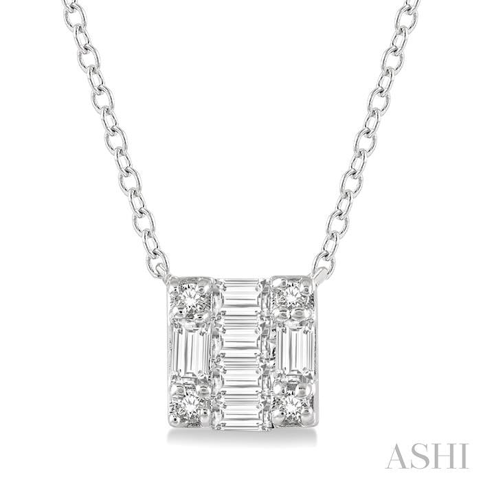 1/8 Ctw Square Shape Baguette and Round Cut Diamond Petite Fashion Pendant With Chain in 14K White Gold