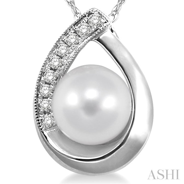 6.5 MM Round Shape Cultured Pearl and 1/20 Ctw Round Cut Diamond Pendant in 14K White Gold with Chain