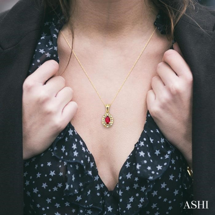 5x3 MM Oval Shape Ruby and 1/20 Ctw Round Cut Diamond Pendant in 14K Yellow Gold with Chain