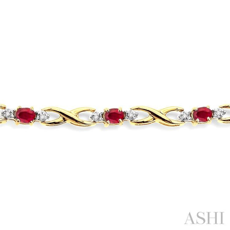4x3 MM Oval Cut Ruby and 1/10 Ctw Single Cut Diamond Bracelet in 14K Yellow Gold