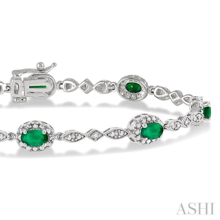 5x3 MM Oval Cut Emerald and 1/20 Ctw Round Cut Diamond Bracelet in 14K White Gold