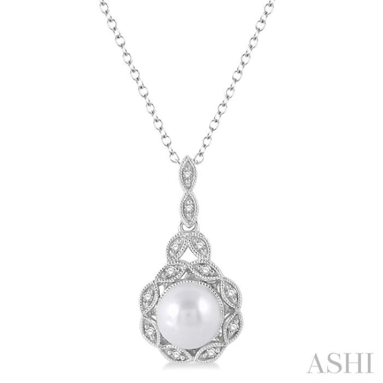 6.5x6.5 MM Cultured Pearl and 1/20 Ctw Single Cut Diamond Pendant in Sterling Silver with Chain