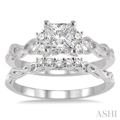 1/2 Ctw Diamond Wedding Set with 1/2 Ctw Princess Cut Engagement Ring and 1/10 Ctw Wedding Band in 14K White Gold