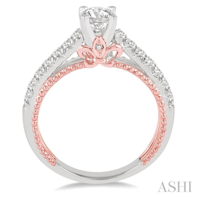 7/8 ctw Diamond Engagement Ring with 1/2 ct Round Cut Center Stone in 14K White and Rose Gold