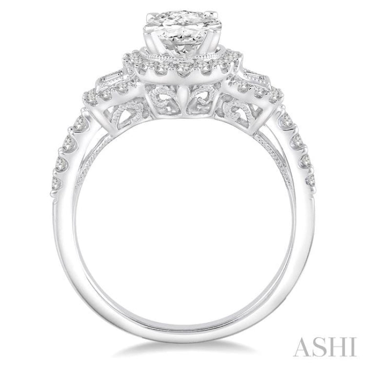 1 Ctw Oval Shape Baguette and Round Cut Diamond Semi-Mount Engagement Ring in 14K White Gold