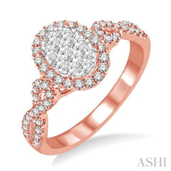 5/8 Ctw Oval Shape Round Cut Diamond Lovebright Ring in 14K Rose and White Gold