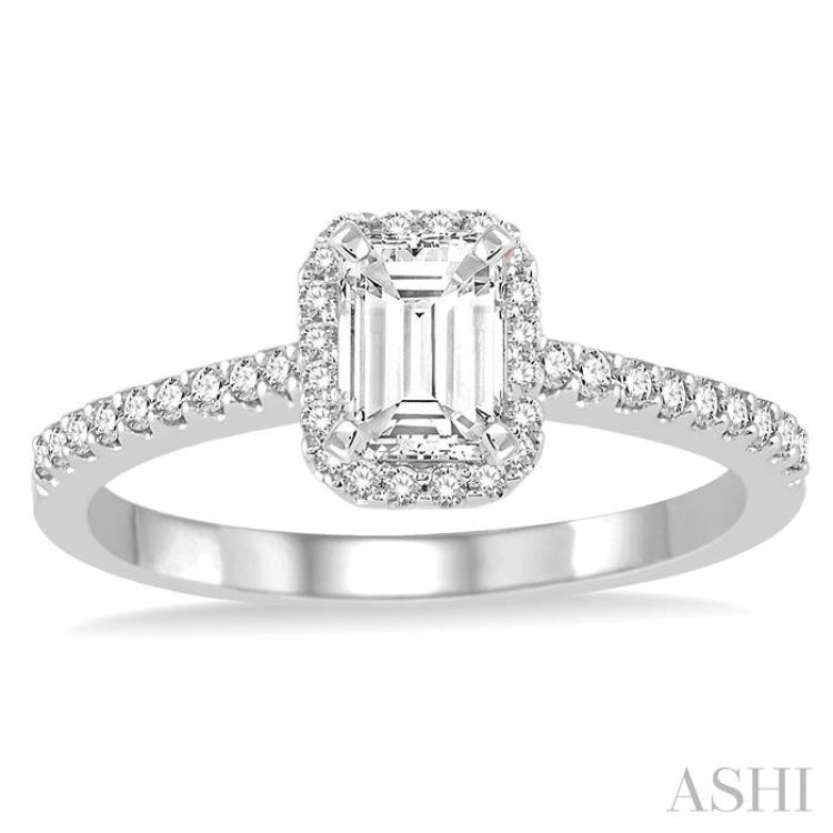 5/8 Ctw Diamond Engagement Ring with 1/3 Ct Octagon Shaped Center stone in 14K White Gold