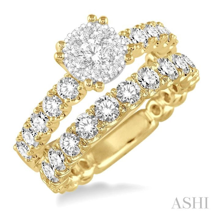 1 3/4 Ctw Diamond Lovebright Wedding Set with 1 Ctw Engagement Ring in Yellow and White Gold and 3/4 Ctw Wedding Band in Yellow Gold in 14K