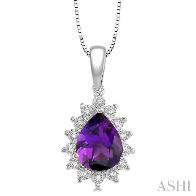 9X6 MM Pear Shape Amethyst and 1/10 Ctw Round Cut Diamond Semi-Precious Pendant With Chain in 10K White Gold