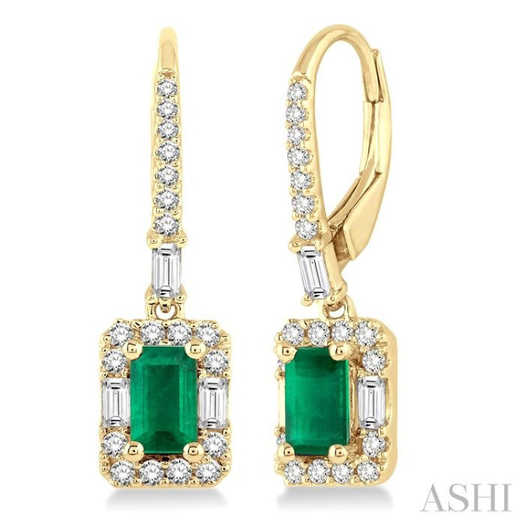 5x3 MM Octagon Cut Emerald and 1/2 Ctw Round Cut Diamond Precious Earrings in 14K Yellow Gold