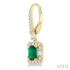 5x3 MM Octagon Cut Emerald and 1/2 Ctw Round Cut Diamond Precious Earrings in 14K Yellow Gold