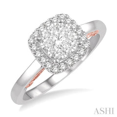 1/2 ctw Cushion Shape Lovebright Round Cut Diamond Ring in 14K White and Rose Gold