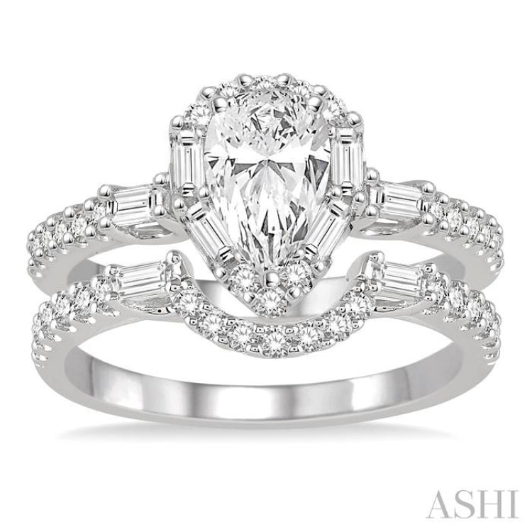 1 1/4 Ctw Diamond Wedding Set With 1 Ctw Pear Shape Engagement Ring and 1/3 Ctw Curved Wedding Band in 14K White Gold