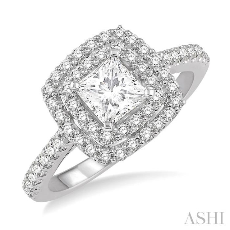 1/2 ctw Princess & Round Cut Diamond Ladies Engagement Ring with 1/4 Ct Princess Cut Center Stone in 14K White Gold