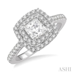 1/2 ctw Princess & Round Cut Diamond Ladies Engagement Ring with 1/4 Ct Princess Cut Center Stone in 14K White Gold