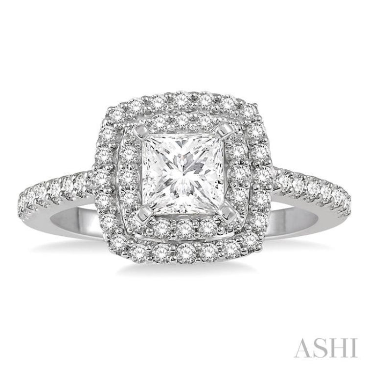 1/2 ctw Princess & Round Cut Diamond Ladies Engagement Ring with 1/4 Ct Princess Cut Center Stone in 14K White Gold