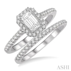 1/2 Ctw Diamond Wedding Set With 3/8 Ctw Emerald Cut Center Engagement Ring and 1/10 Ctw Wedding Band in 14K White Gold