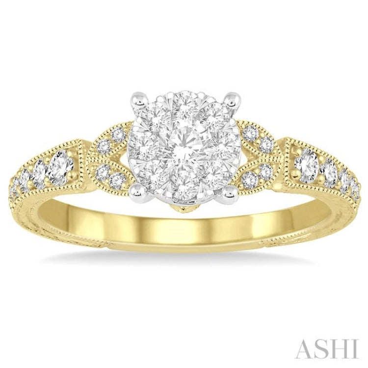 1/2 Ctw Round Cut Diamond Lovebright Engagement Ring in 14K Yellow and White Gold